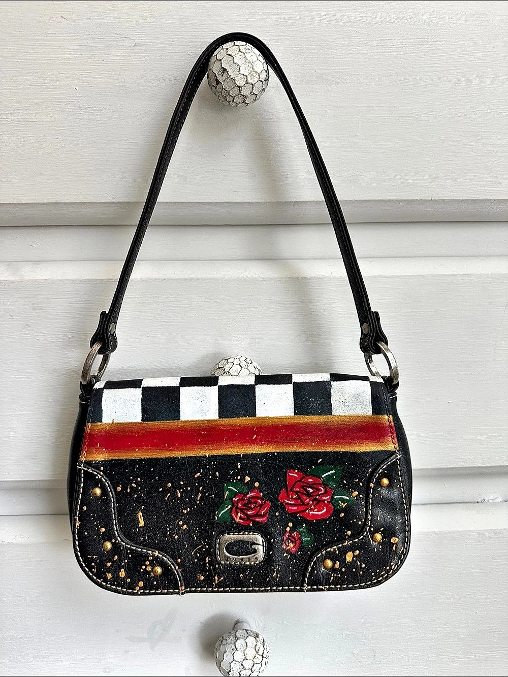 Vintage GUESS Y2K Custom Painted Baguette Bag Roses Checkerboard